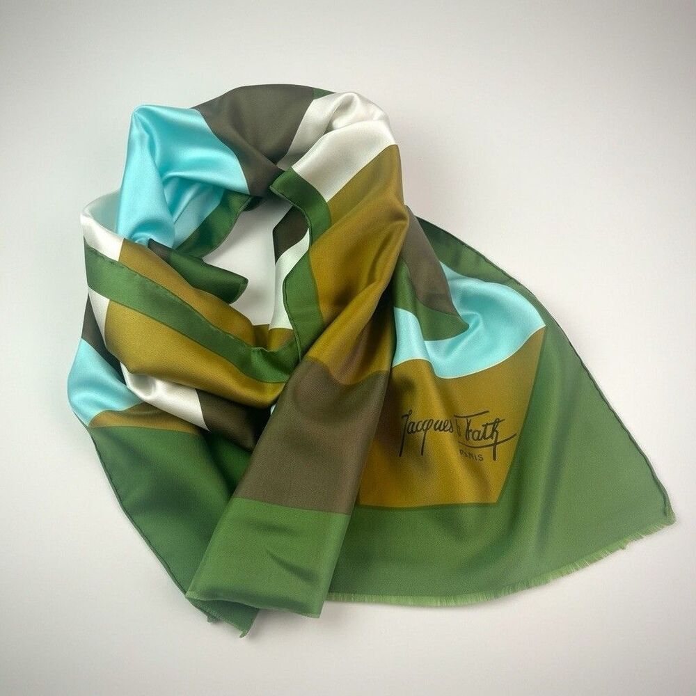 Vintage JACQUES FATH Paris 100% Silk Skinny Scarf 60x16 in Geometric Green Brown